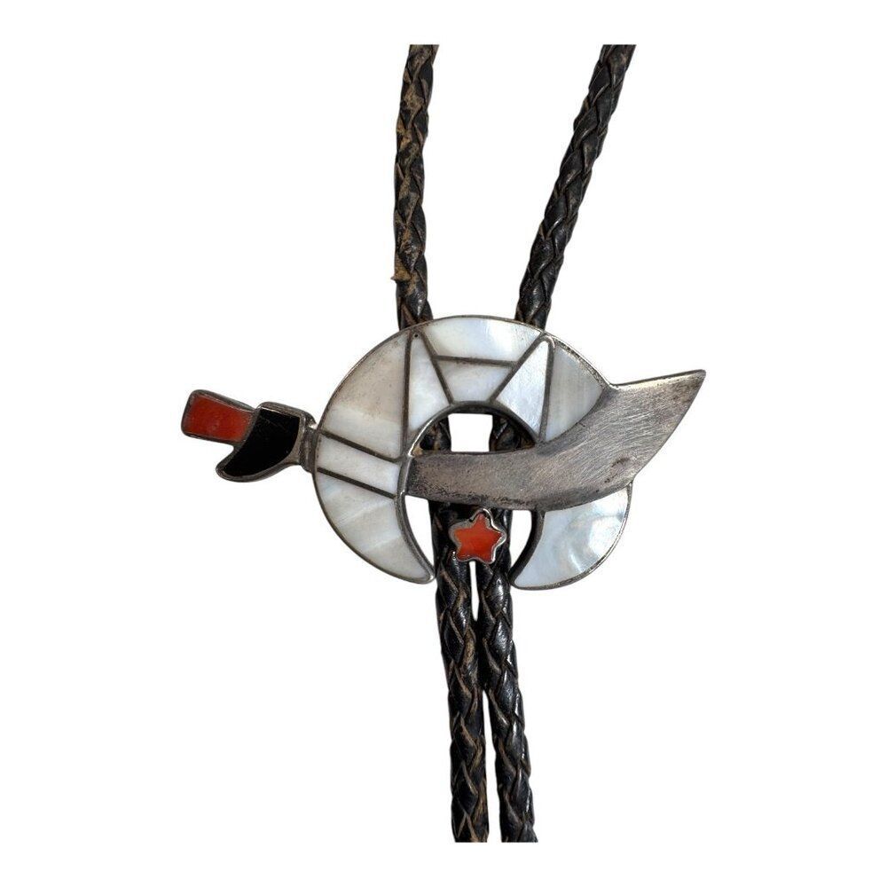 Zuni Abalone Inlay Bolo Tie Coral Mother Of Pearl Sterling Masonic Shriners 1970